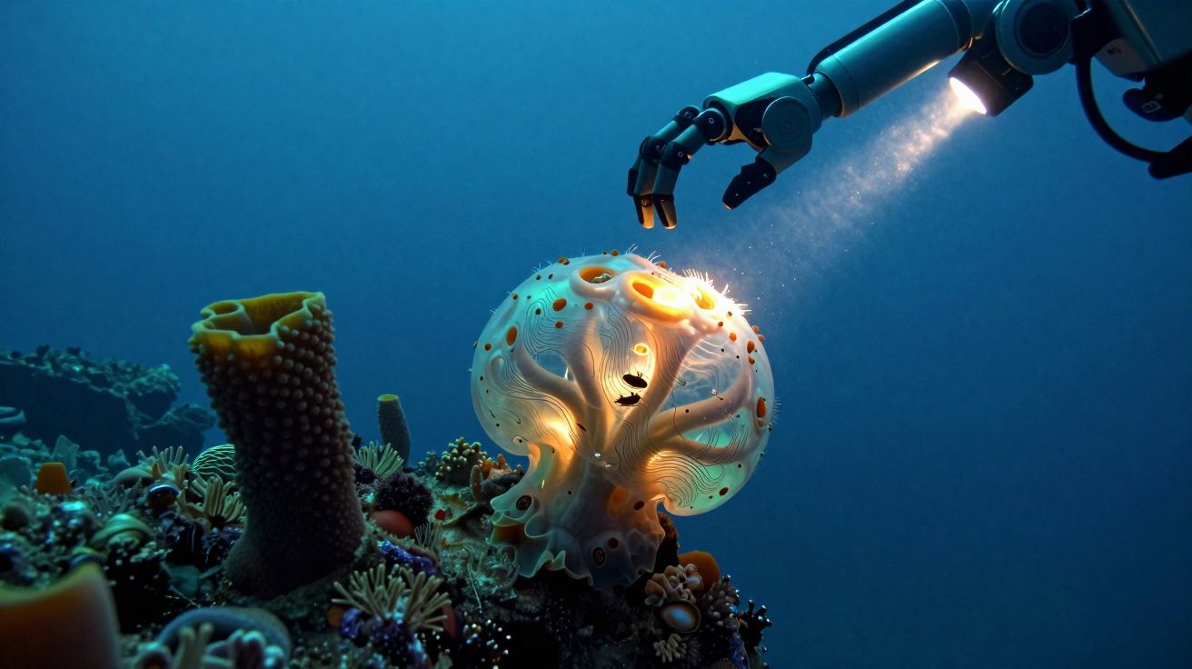 Braço robótico ilumina e examina medusa luminosa sobre recife subaquático.