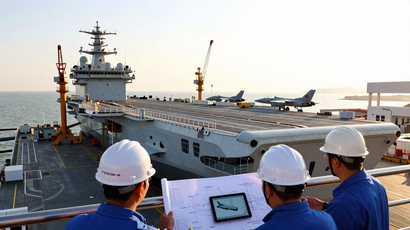 Três engenheiros com capacetes veem um porta-aviões com dois aviões no convés ao pôr do sol.