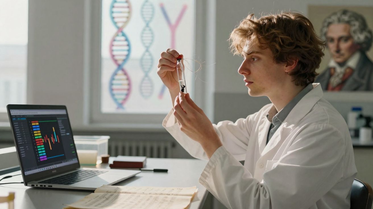 Jovem cientista em laboratório analisa amostra em pequeno tubo, com gráfico e cadeia de DNA ao fundo.