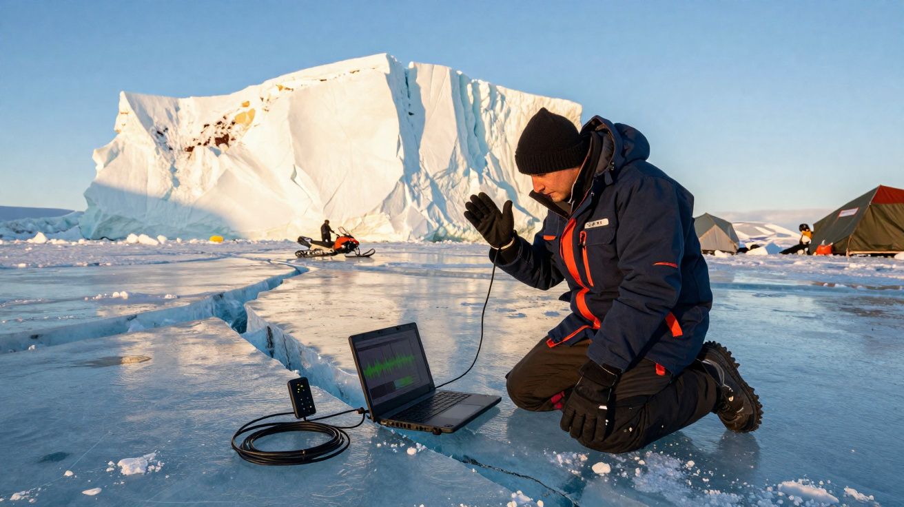 Homem com roupa de inverno usa computador portátil e equipamento num ambiente gelado com iceberg ao fundo.