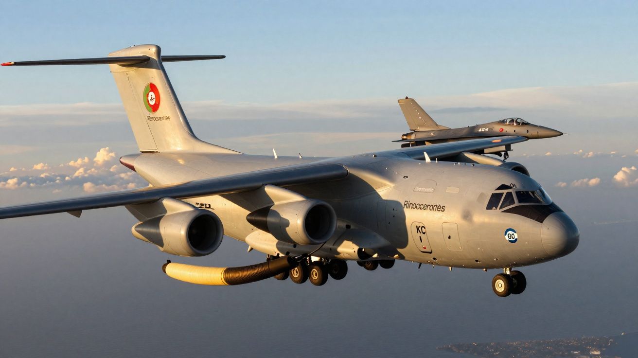 Avião de transporte militar português com um caça F-16 transportado em voo sobre o oceano ao pôr do sol.