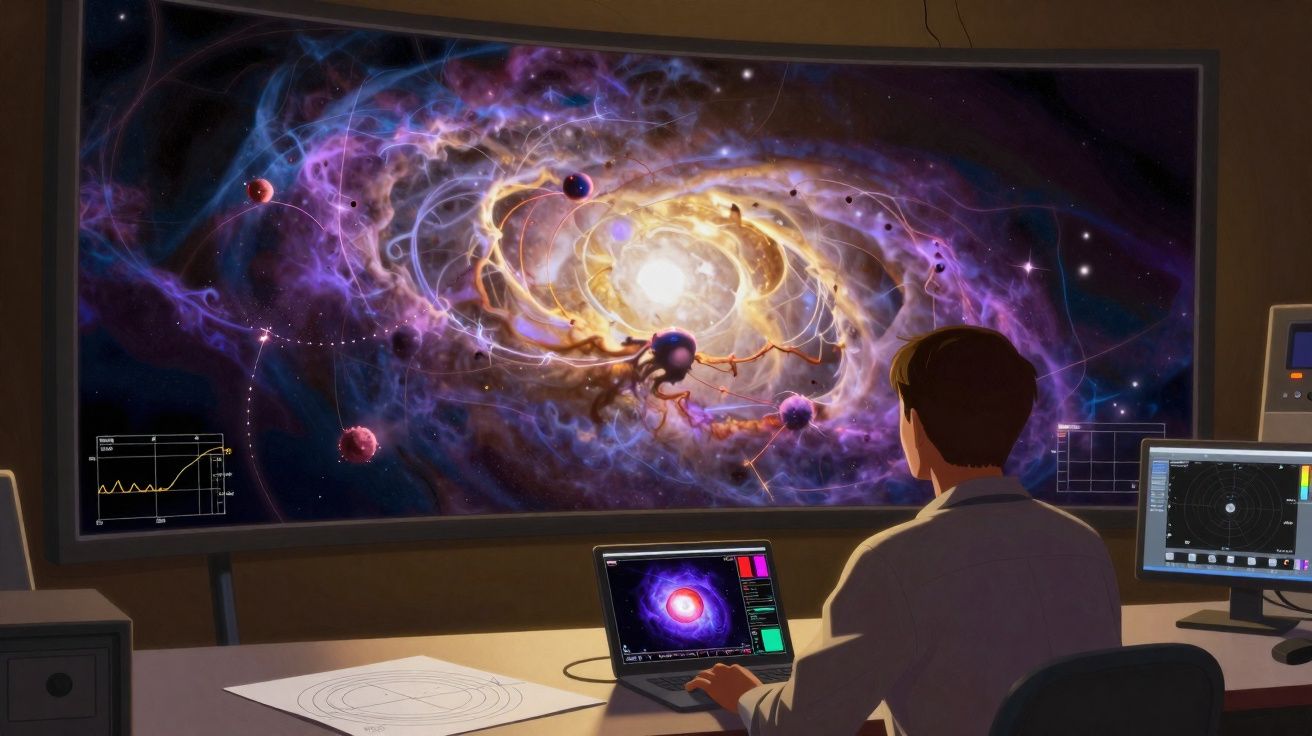 Cientista observa galáxia e planetas modelados em ecrãs num laboratório de astronomia.