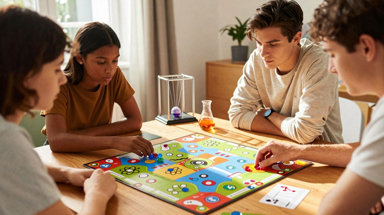 Quatro jovens sentados à mesa a jogar um jogo de tabuleiro colorido em ambiente acolhedor.