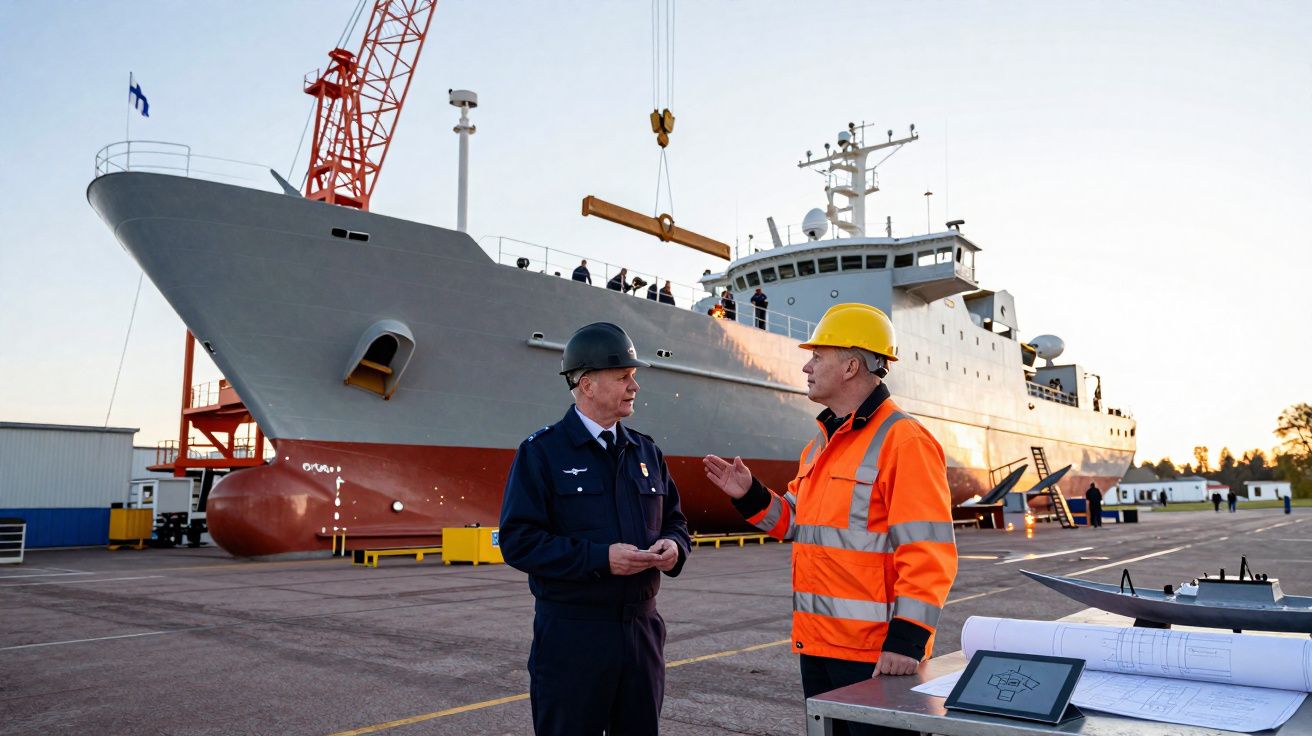 Dois trabalhadores com capacetes discutem junto a um grande navio atracado numa doca industrial.