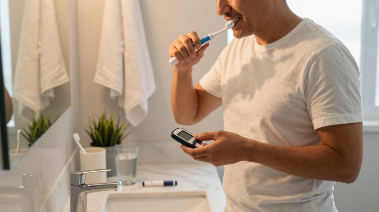 Homem a escovar os dentes na casa de banho enquanto verifica um medidor de glicose nas mãos.