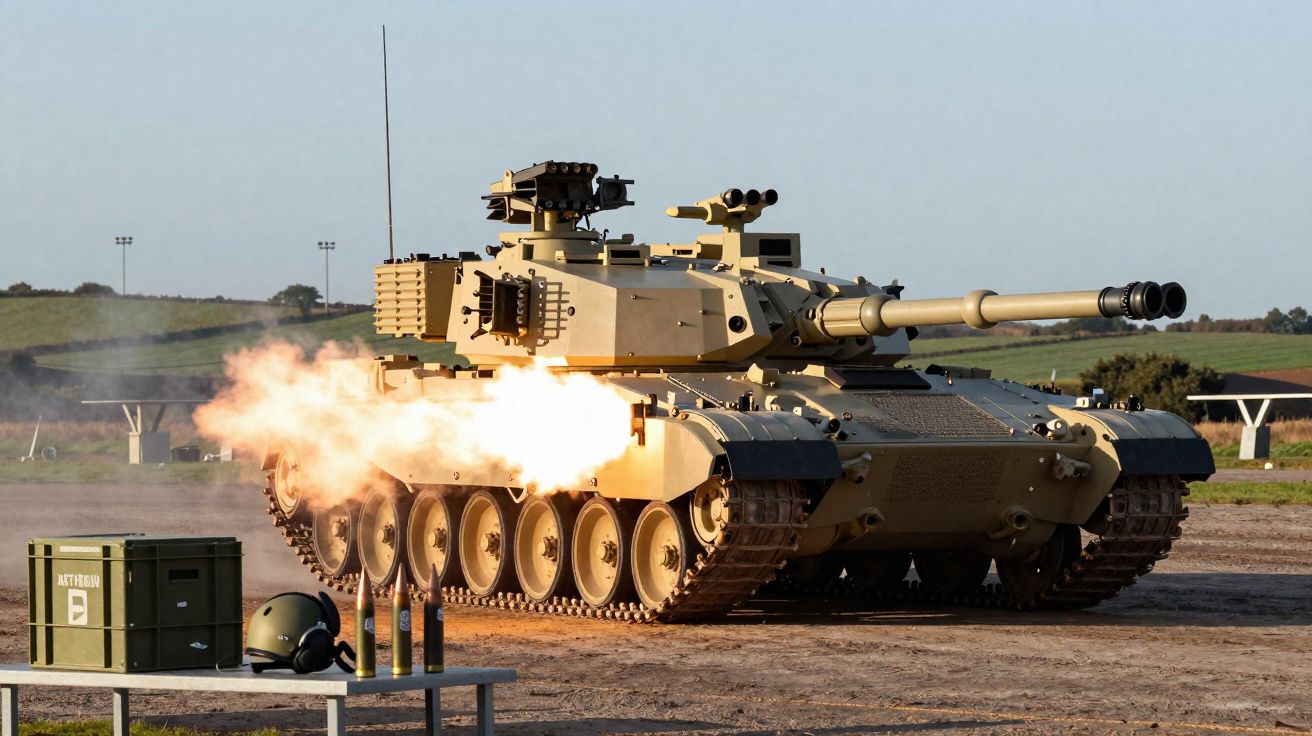 Tanque militar a disparar em espaço aberto com munições e capacete numa mesa próxima.