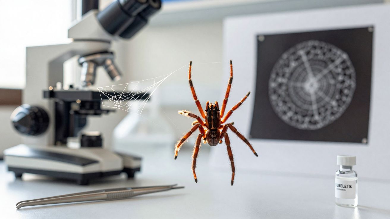 Aranha marron em teia ao lado de microscópio, pinças e frasco de laboratório sobre bancada branca.