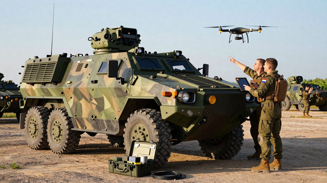 Dois militares operam um drone ao lado de um veículo blindado camuflado em terreno aberto.