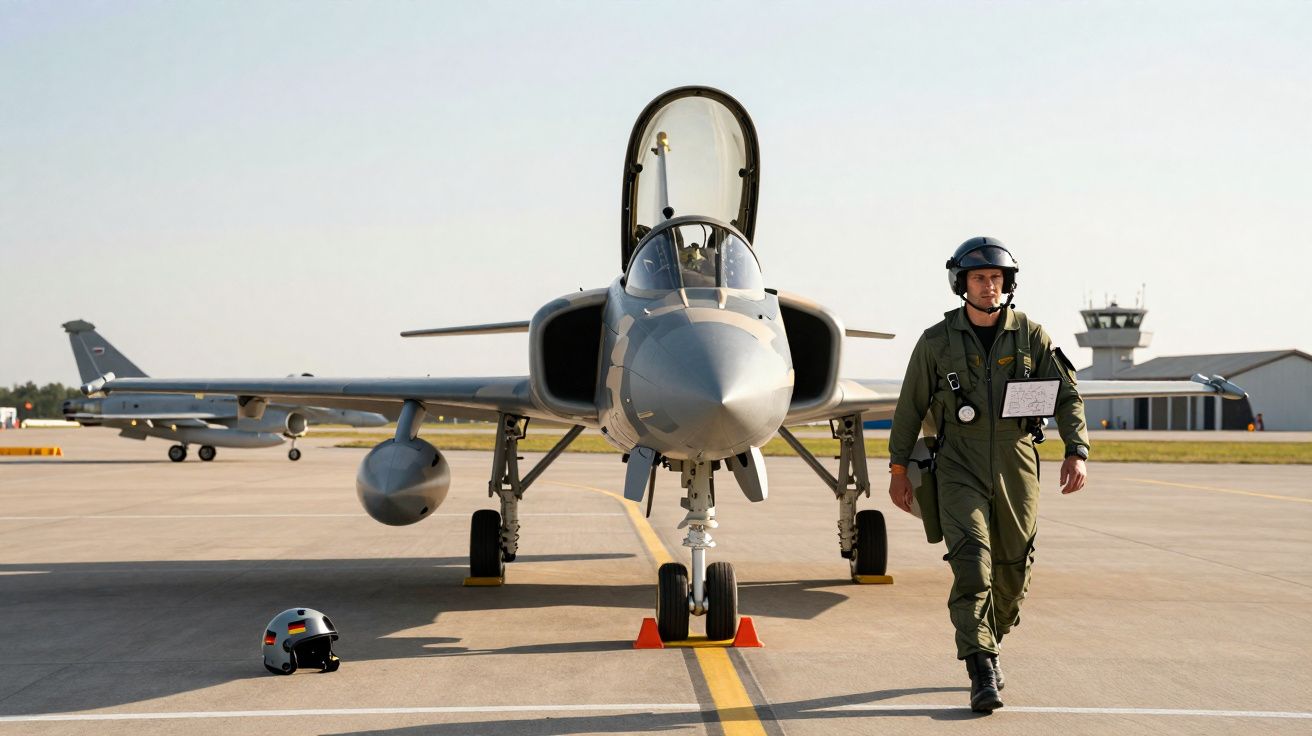 Caça militar estacionado com cabine aberta e piloto a caminhar na pista de aeroporto durante o dia.