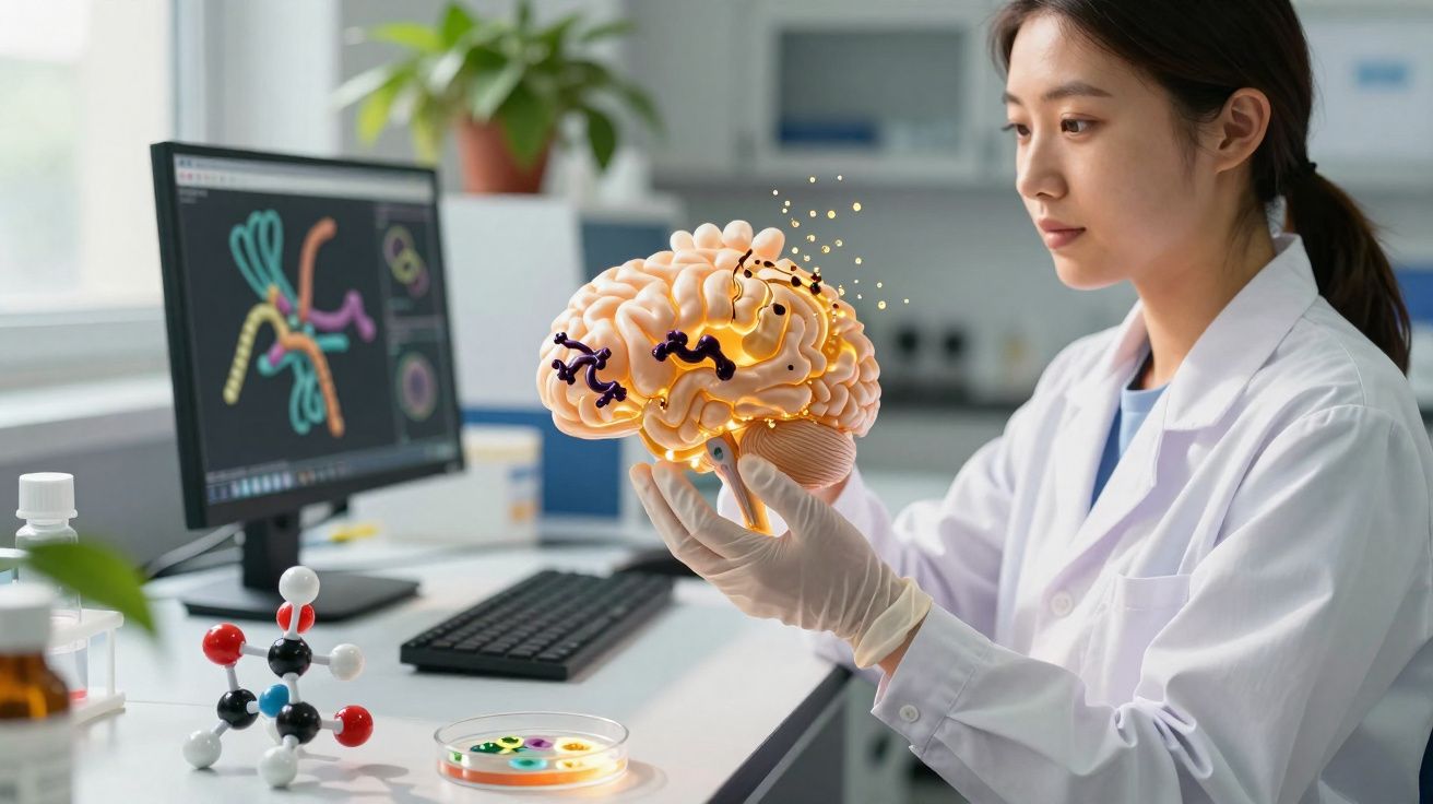 Cientista em laboratório a observar modelo digital do cérebro com conexões neurais numa mão.