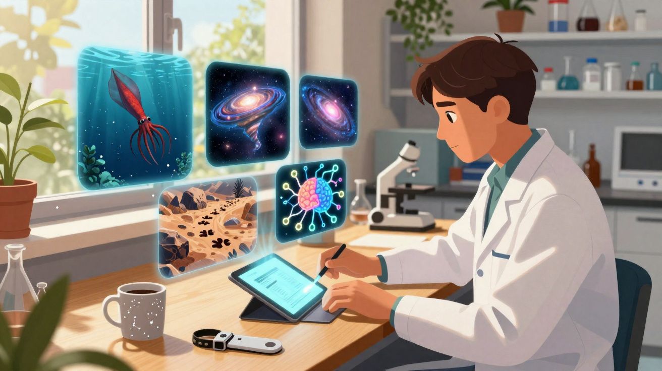 Cientista num laboratório a usar tablet com imagens holográficas de ciência e investigação à sua frente.