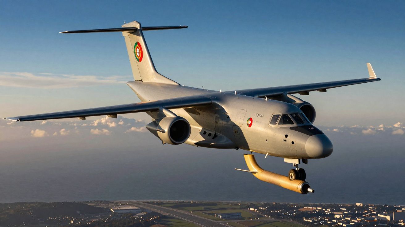 Avião militar português em voo com equipamento de vigilância sob a fuselagem ao pôr do sol.