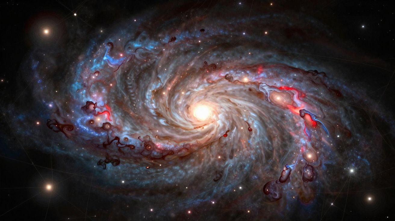 Galáxia espiral com centro brilhante e braços coloridos em tons de azul, vermelho e castanho no espaço.