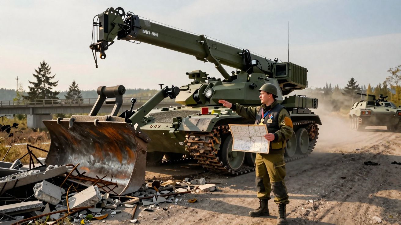 Soldado em uniforme militar aponta para máquina de engenharia com lança e pá na estrada de terra.