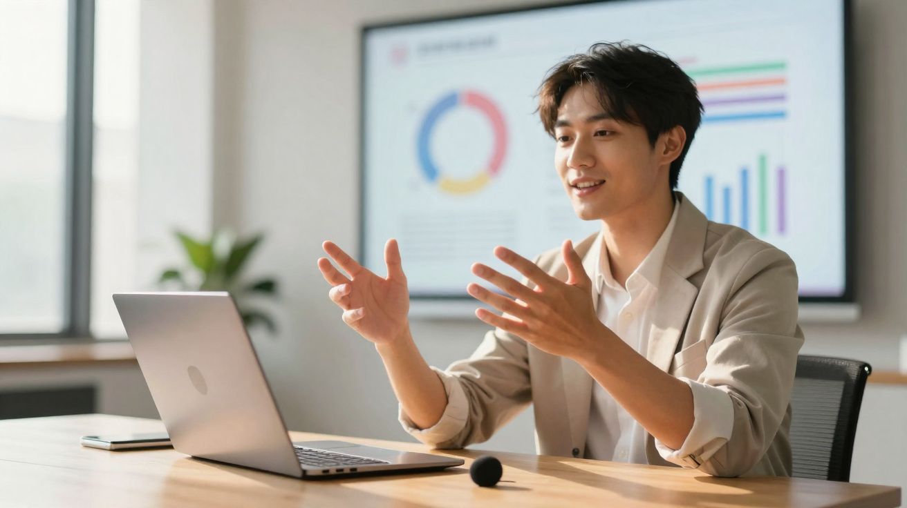 Homem jovem a apresentar um projeto num escritório com gráficos num ecrã ao fundo.