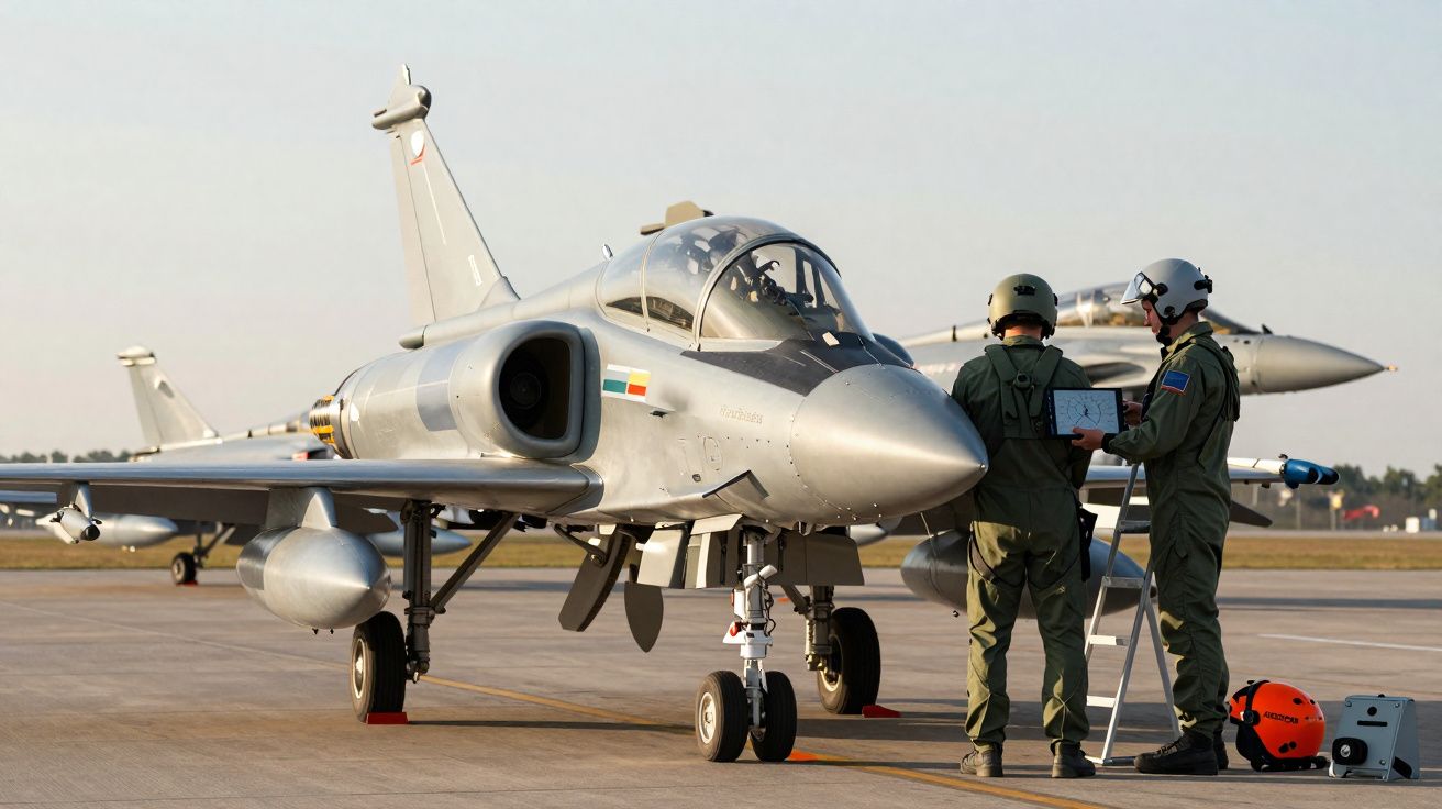 Caça militar estacionado com dois pilotos em fato de voo a preparar equipamento na pista.