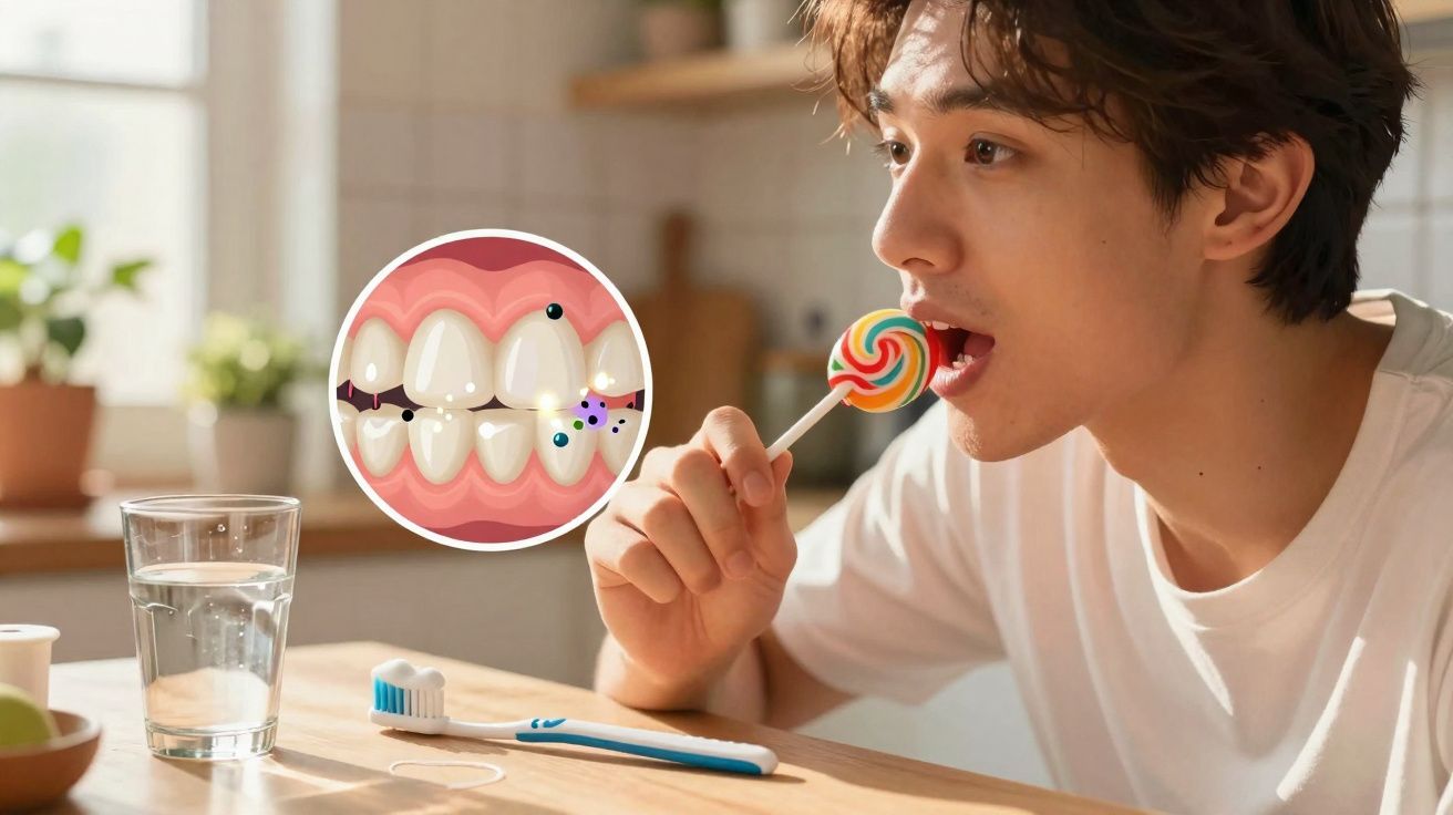 Homem a comer rebuçado junto a escova de dentes e imagem ilustrativa de cáries nos dentes.