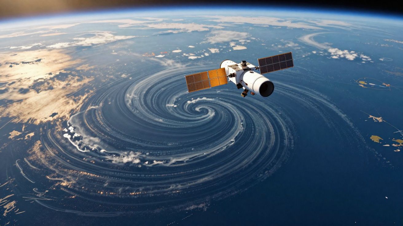 Satélite a orbitar sobre um vórtice de nuvens espiralado no oceano, visto do espaço.