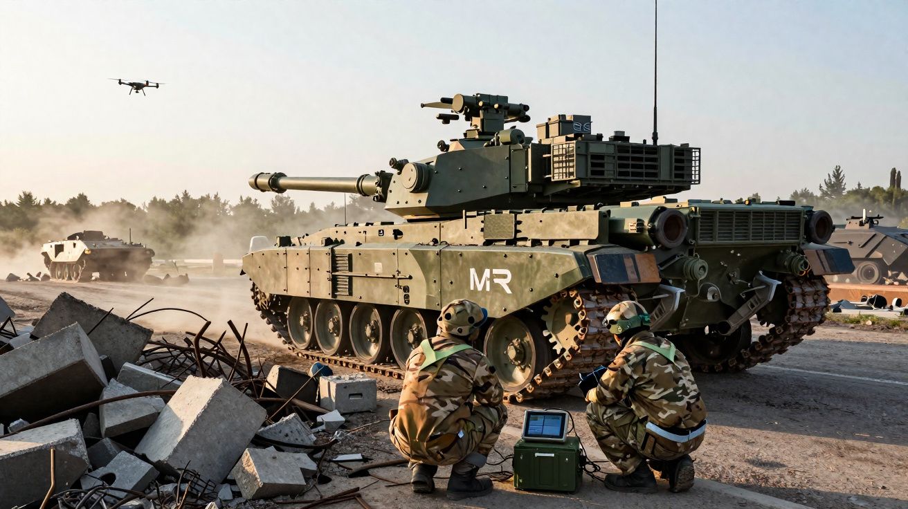 Dois soldados em camuflagem operam equipamento perto de um tanque militar e drone em zona de treino.