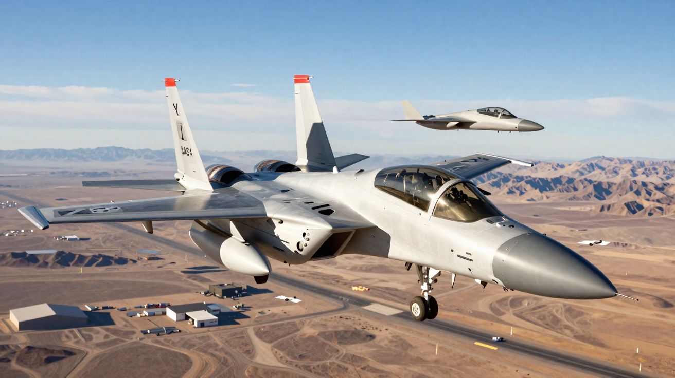 Dois jatos de caça a sobrevoar um deserto com edifícios e estradas visíveis ao fundo.