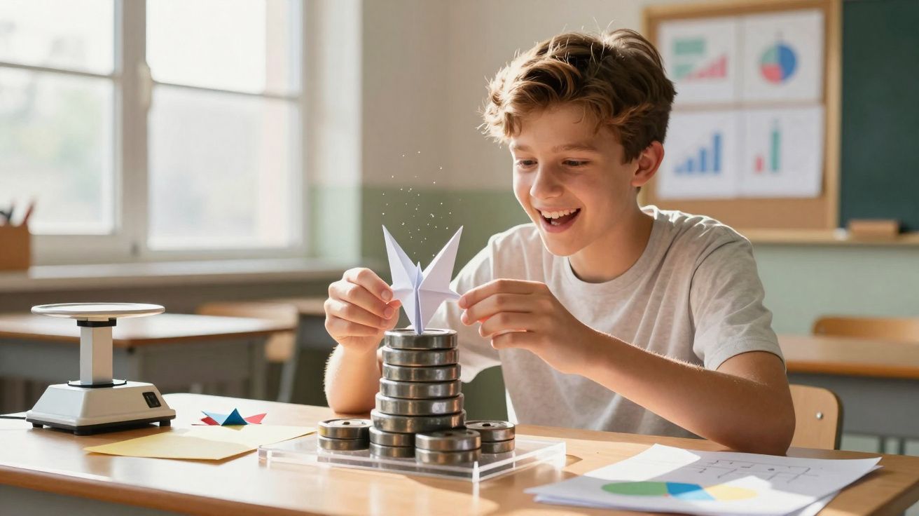 Rapaz em sala de aula constrói estrutura de discos metálicos enquanto sorri animadamente.