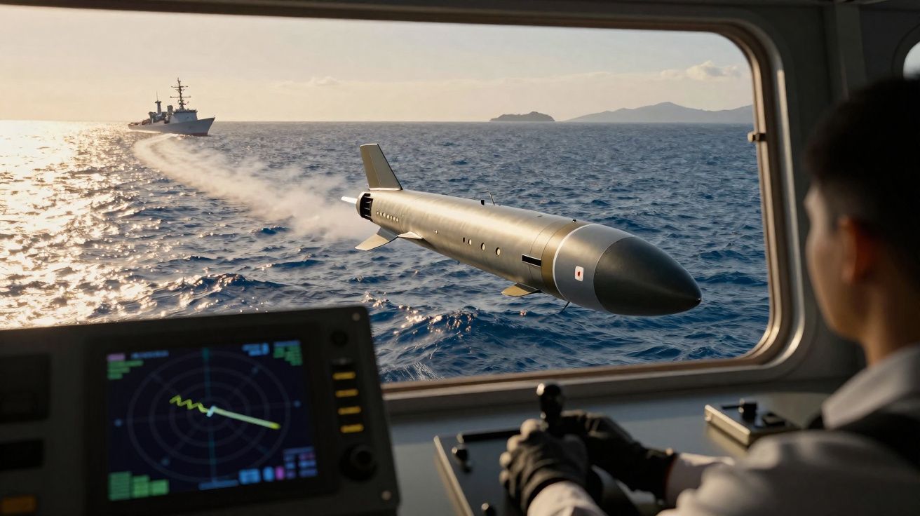 Homem a operar controlo dentro de navio observando torpedo a ser lançado no mar perto de outro navio.