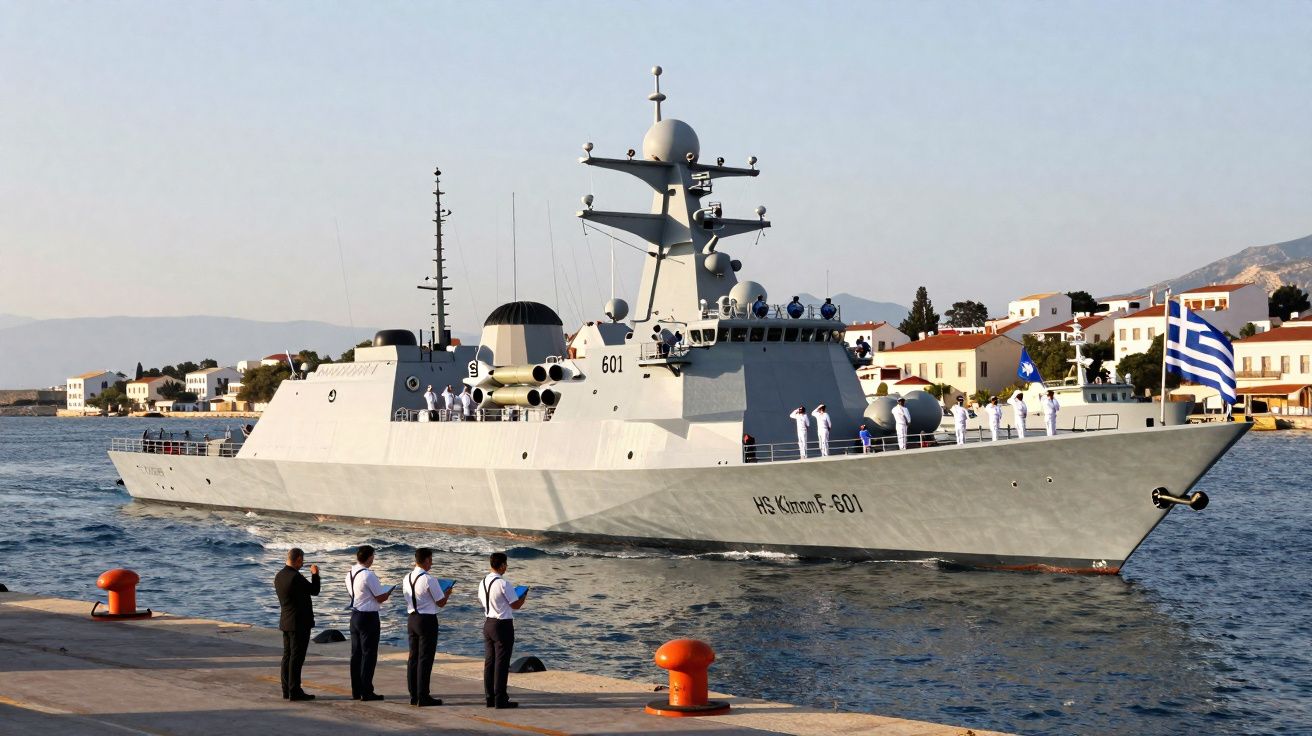 Navio de guerra grego HS Kimon-F-601 com tripulação a bordo e pessoas em cais a observar.