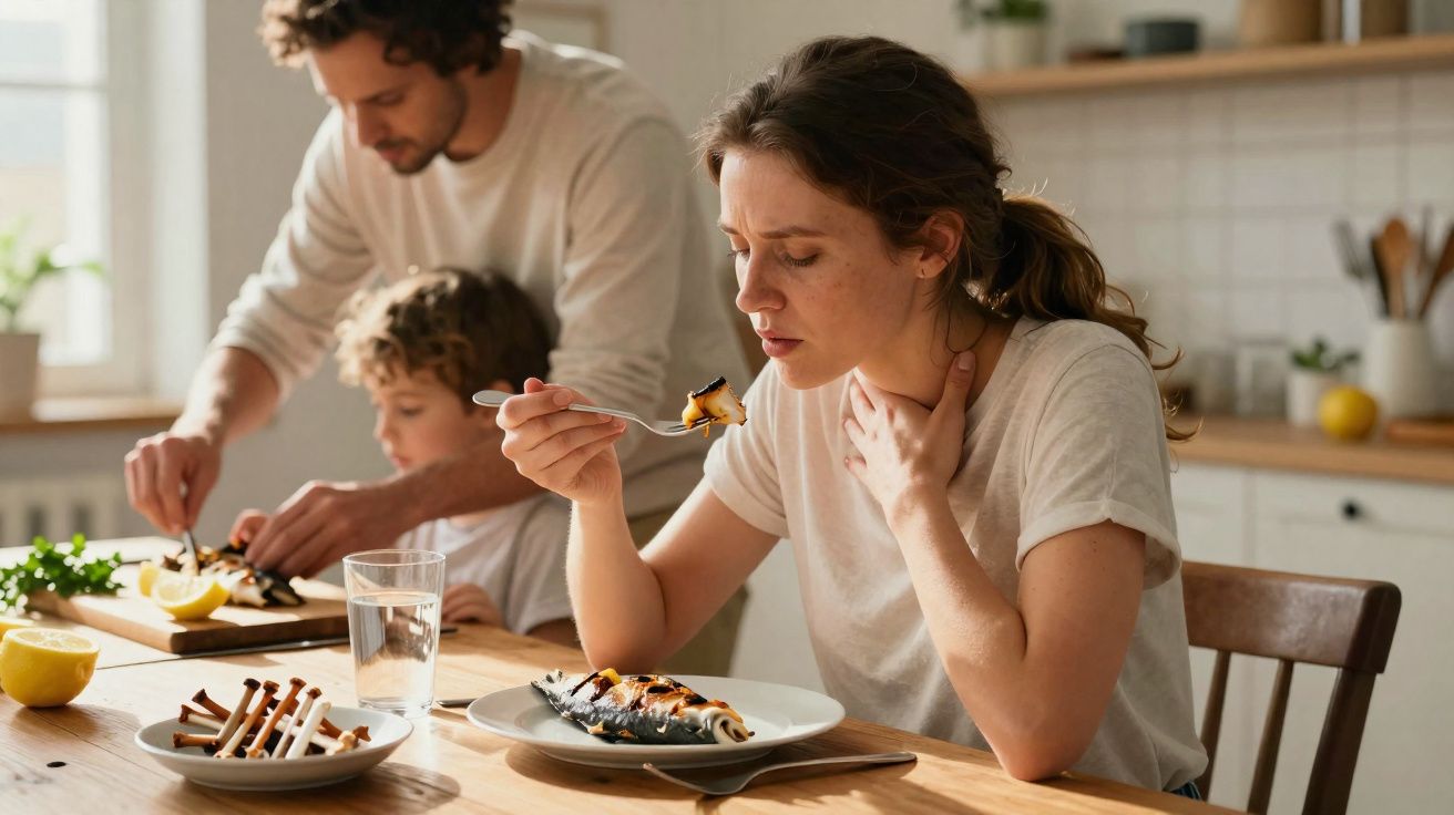 Mulher a comer mexilhão cozinhado à mesa com homem e criança a preparar comida ao fundo.