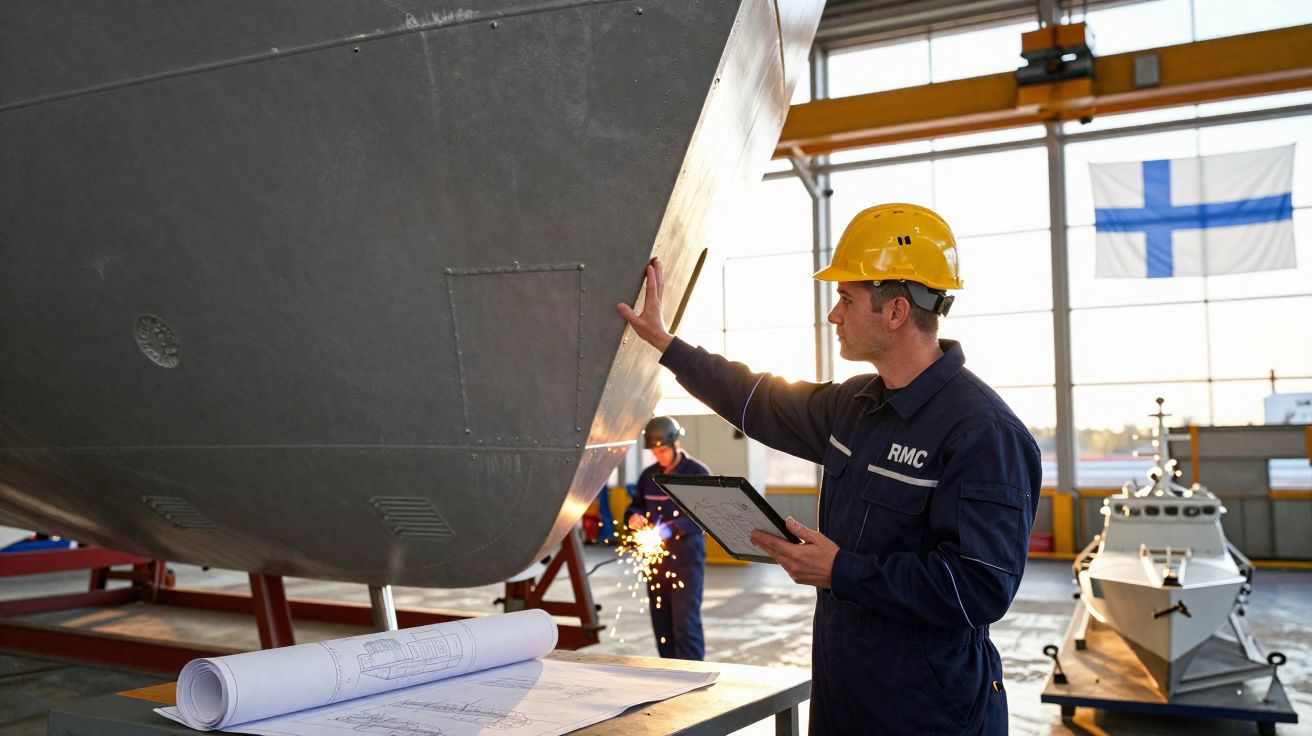 Engenheiro naval com capacete amarelo inspeciona casco de barco em estaleiro com bandeira da Finlândia ao fundo.