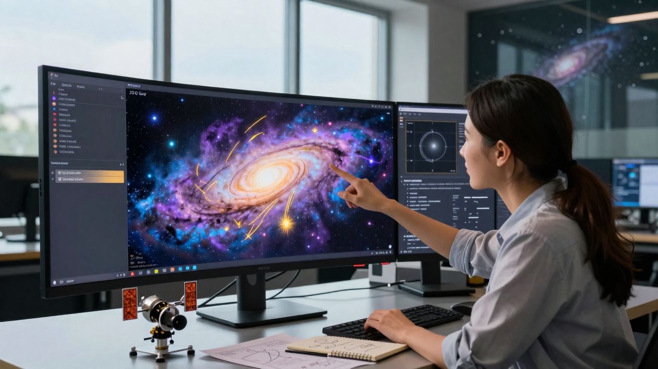 Mulher a apontar para imagem de galáxia colorida num ecrã panorâmico num escritório de astronomia.