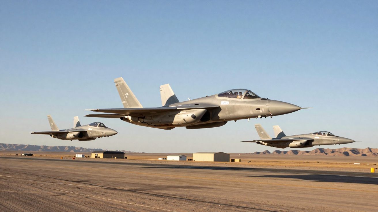 Três caças a jato em voo baixo sobre pista militar com montanhas ao fundo sob céu limpo.