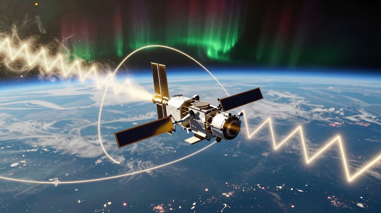 Satélite em órbita terrestre com aurora boreal visível ao fundo e ondas luminosas ao redor.