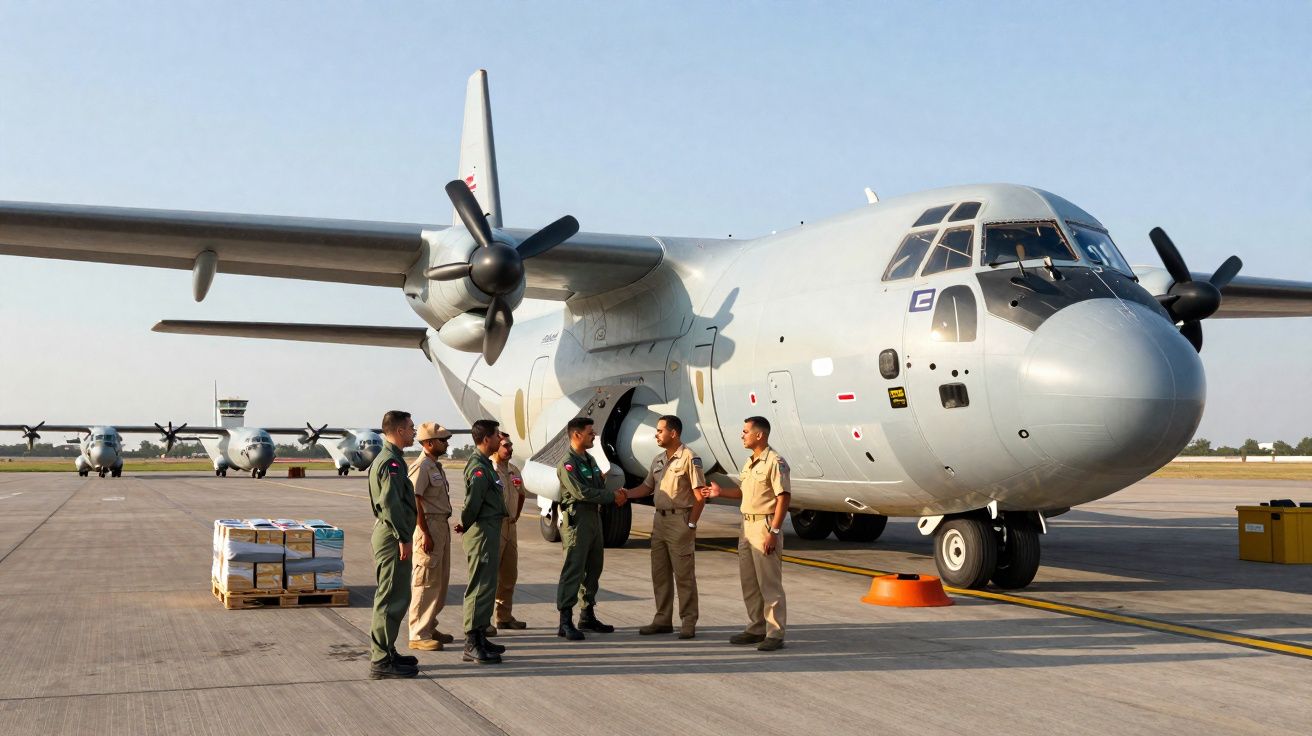 Militares em uniforme junto a um avião militar de transporte estacionado num aeródromo.