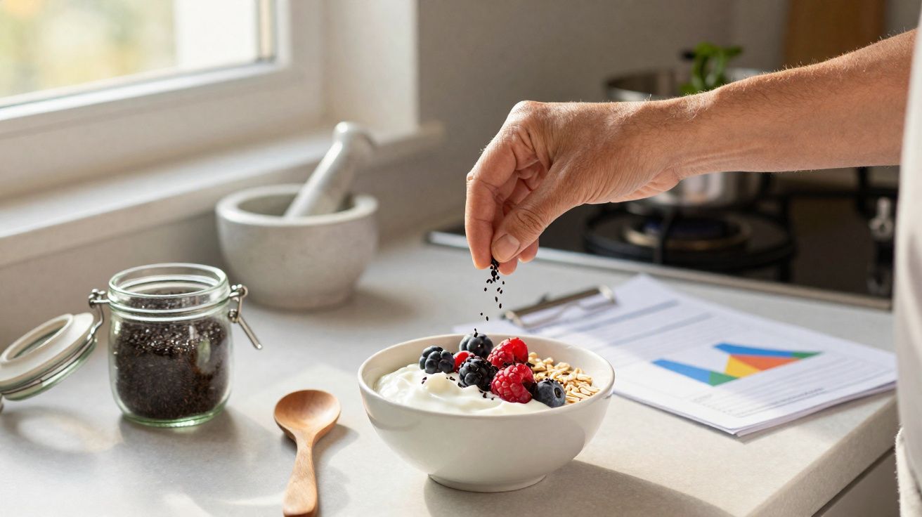 Mão a polvilhar sementes num iogurte com frutas vermelhas e aveia numa cozinha iluminada.