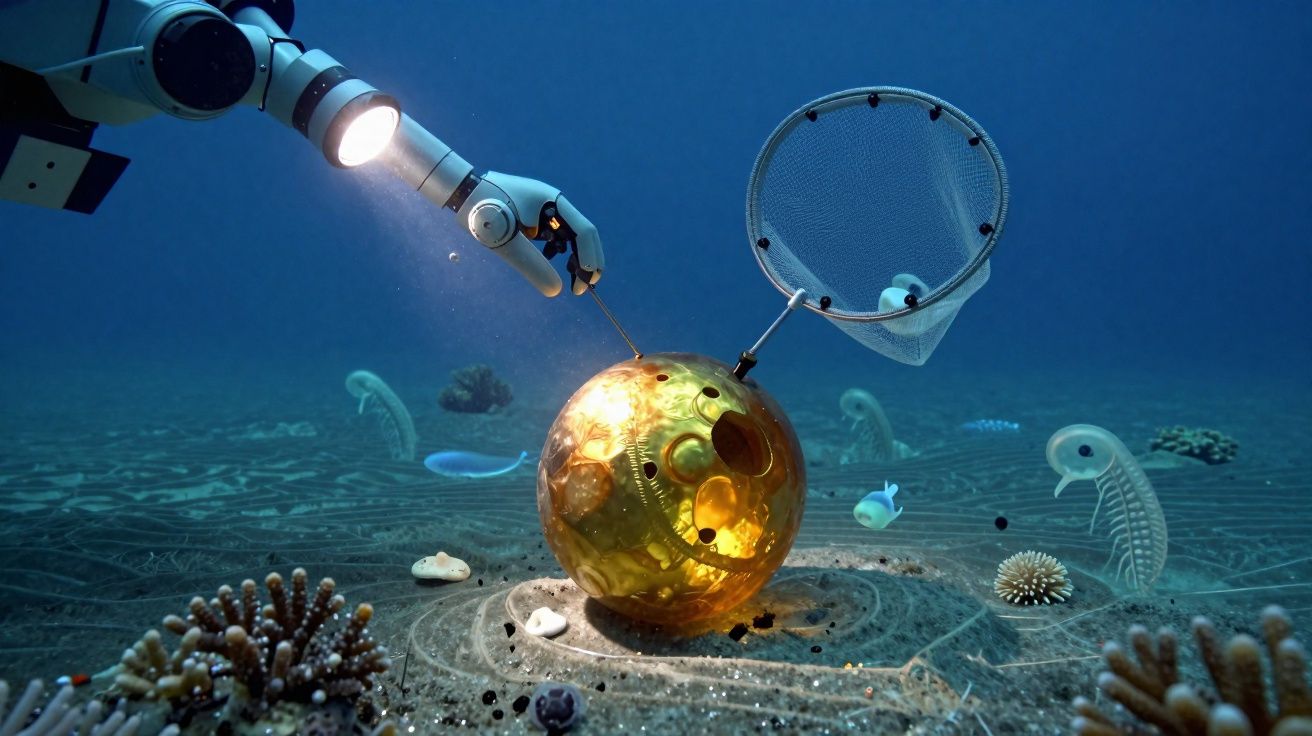 Braço robótico subaquático a iluminar esfera dourada com rede para capturar organismos marinhos.