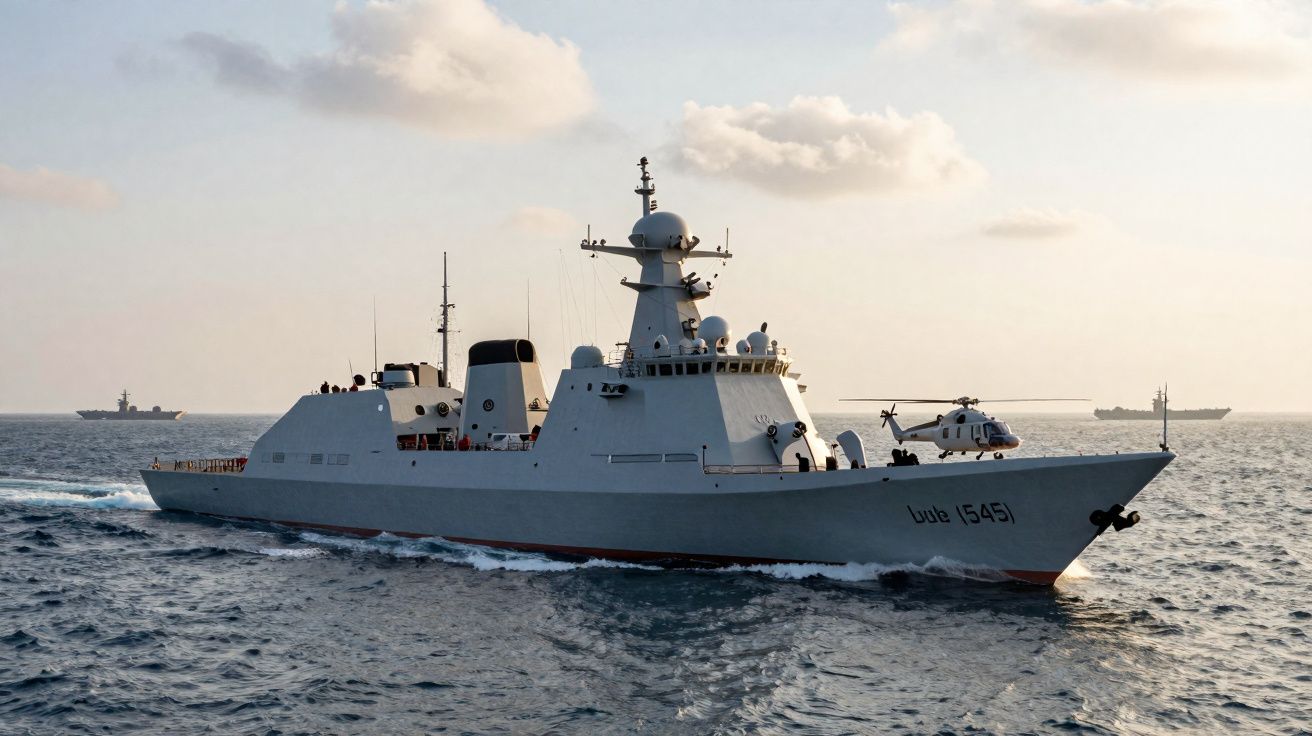 Navio de guerra cinzento com helicóptero no convés a navegar no mar ao pôr do sol.