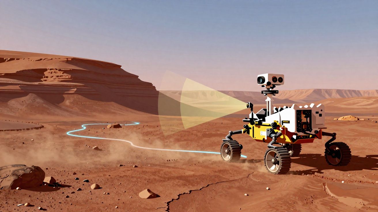 Rover exploratório movendo-se no terreno árido de Marte com colinas rochosas ao fundo.