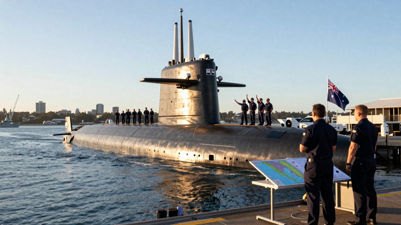 Submarino no porto com tripulantes a bordo e dois homens em uniforme a observar no cais sob céu limpo.