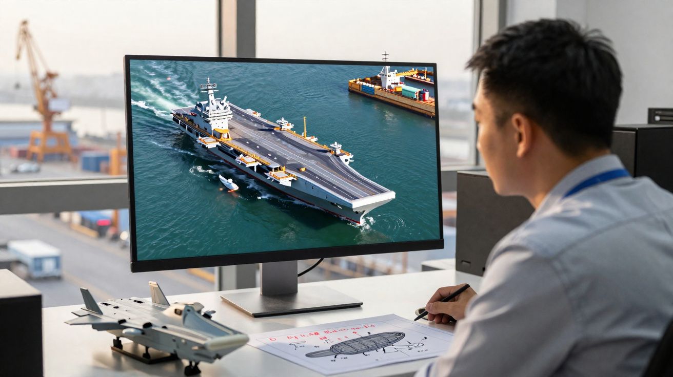 Homem a analisar no computador modelo 3D de um porta-aviões com maquete à sua frente, numa mesa de escritório.