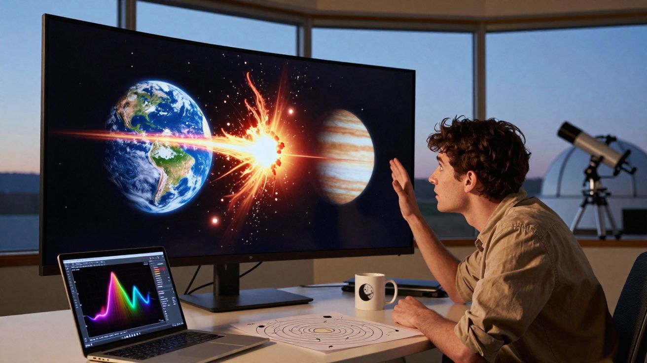 Homem observa simulação de colisão entre planetas num ecrã enquanto estuda dados astronómicos.