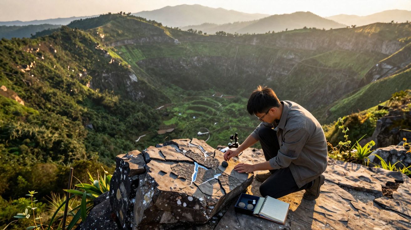 Homem a desenhar mapa topográfico numa pedra no topo de montanha com colinas verdejantes ao fundo ao pôr do sol.