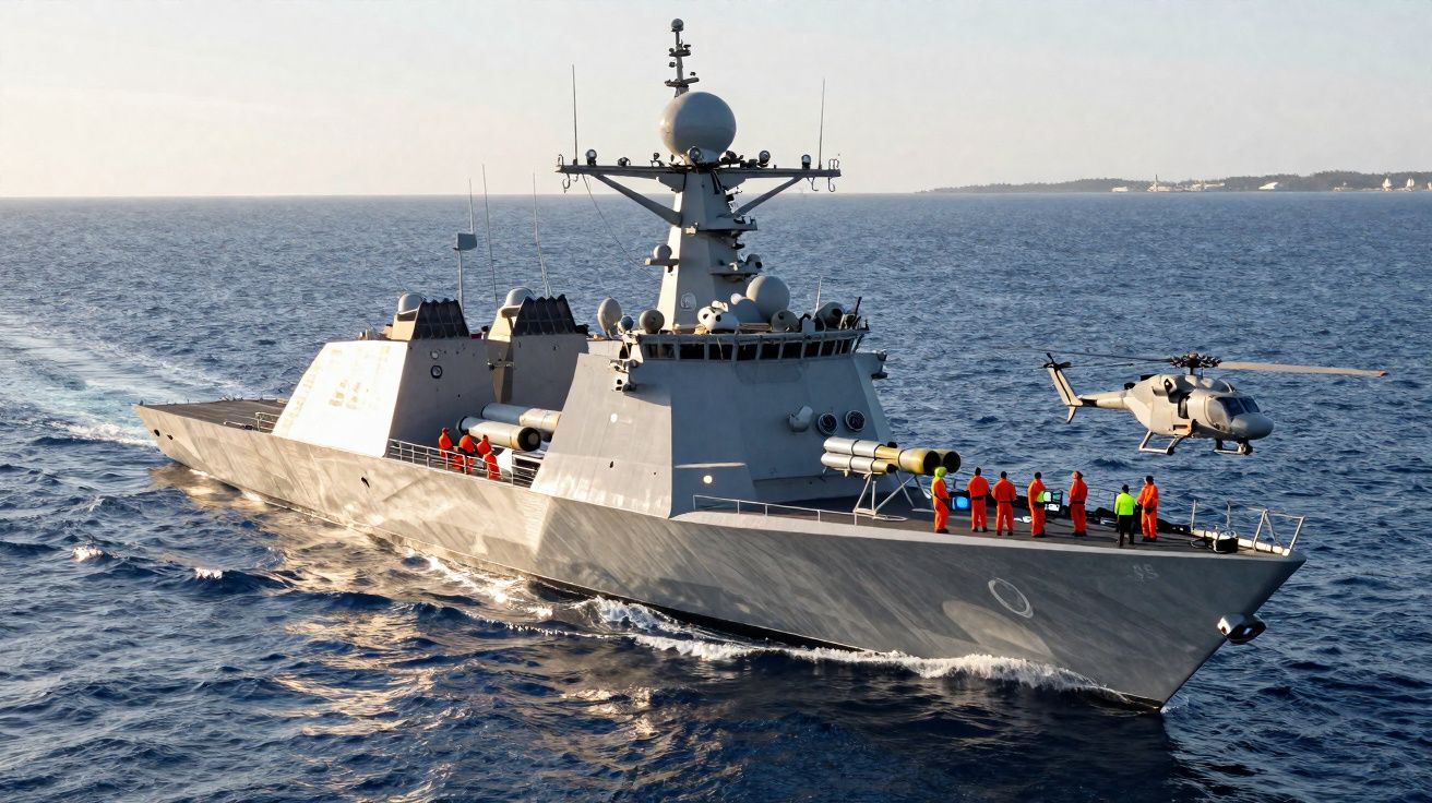 Navio militar cinzento com vários marinheiros no convés e um helicóptero a pairar ao lado no mar calmo.