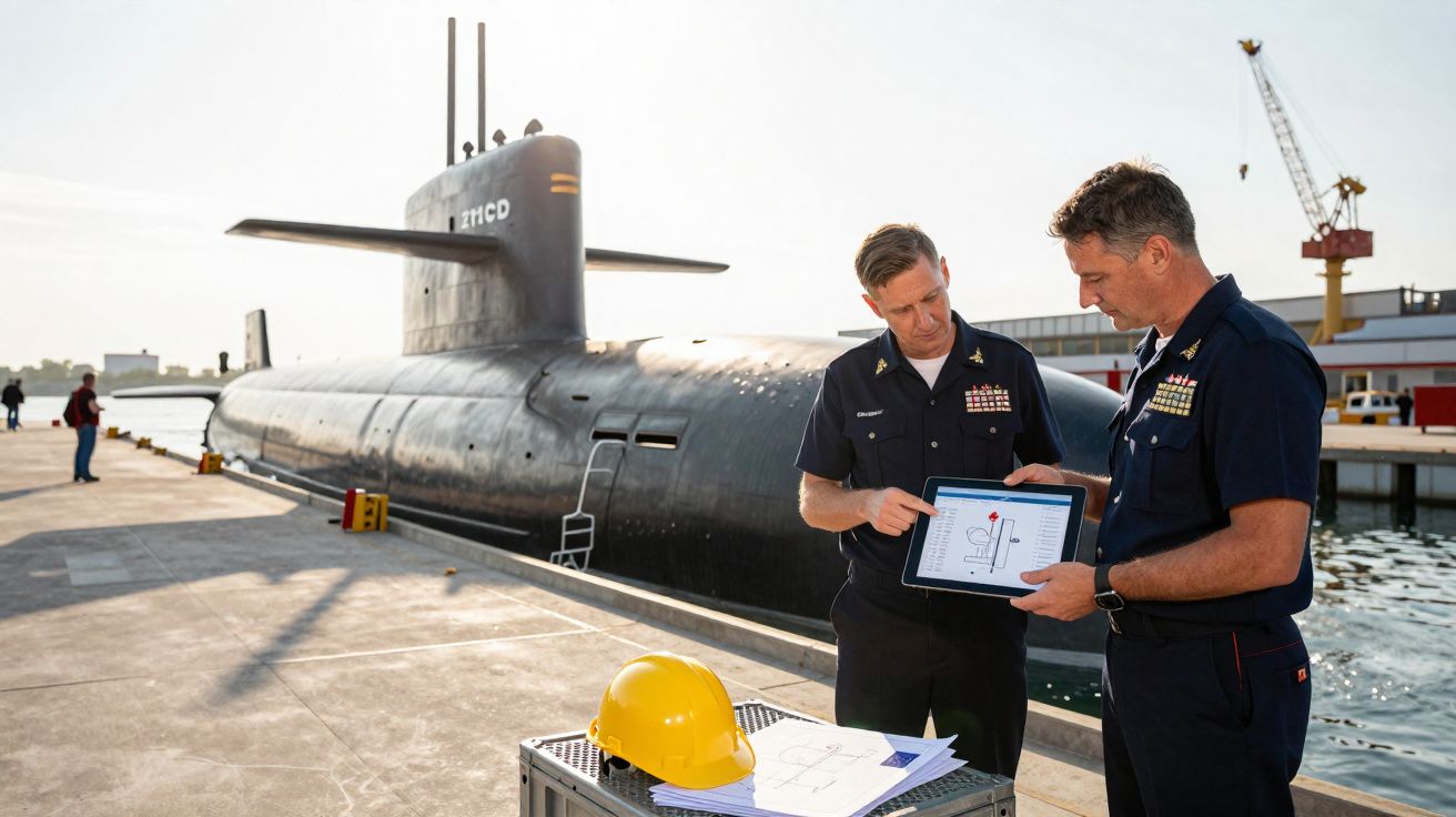 Dois militares da marinha junto a submarino no porto, analisando esquema num tablet com capacete amarelo e plantas sobre caix