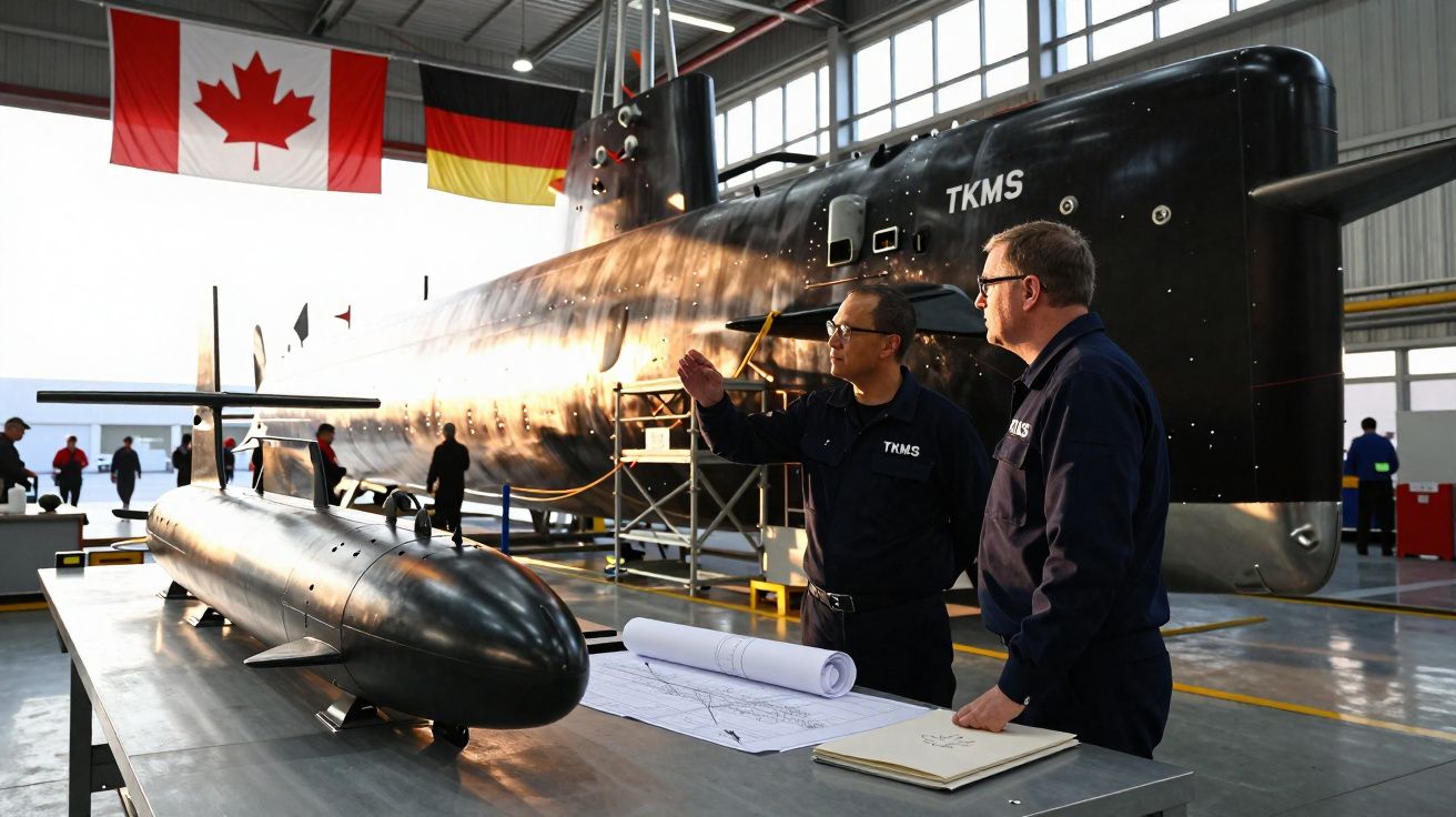 Dois homens vestindo uniformes TKMS junto a modelos de submarino e plantas numa fábrica com bandeiras do Canadá e Alemanha.