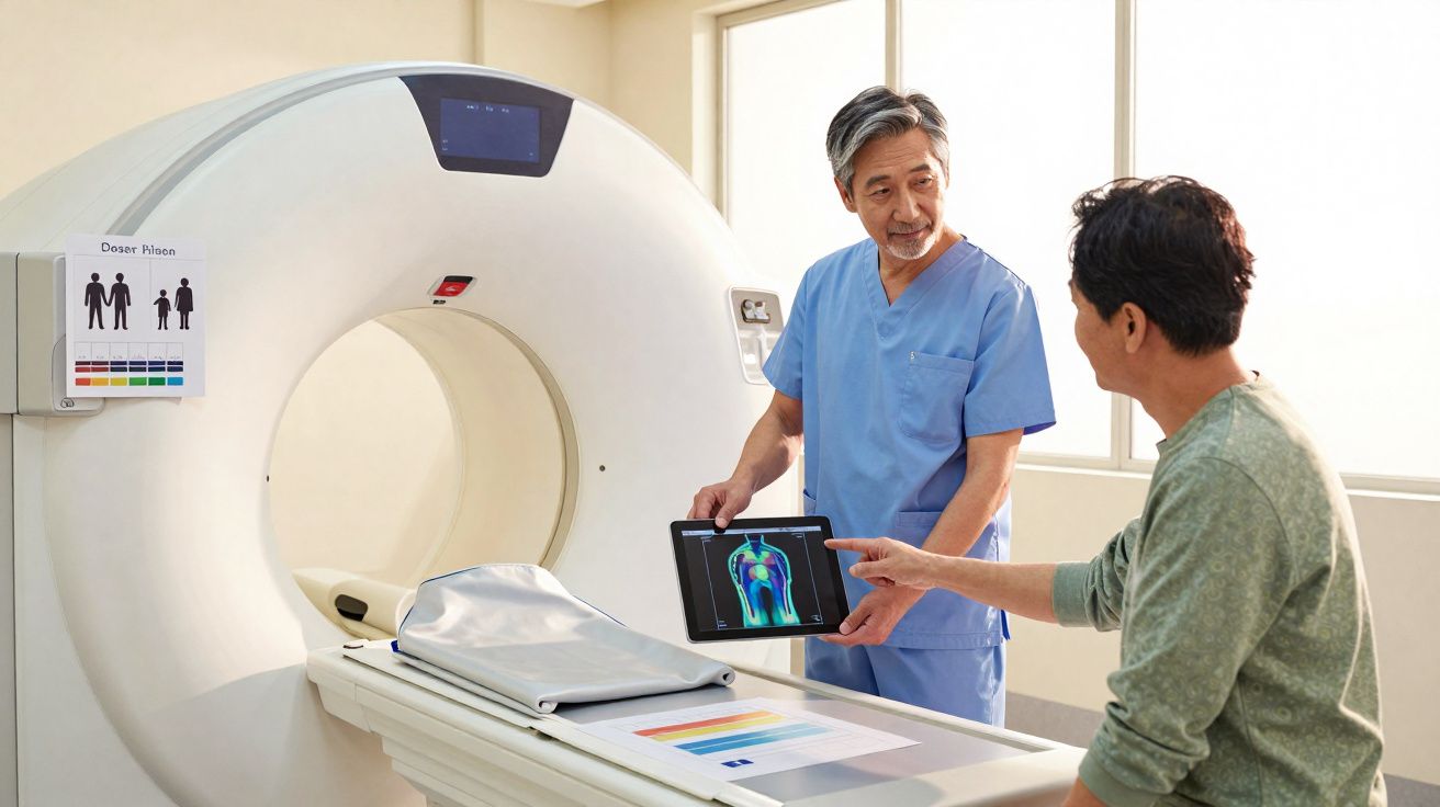 Homem em consulta com técnico em scanner médico que mostra imagem do corpo no tablet junto ao aparelho de ressonância.