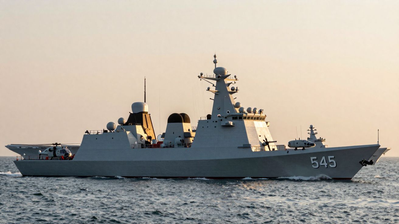 Navio de guerra naval cinzento com o número 545 navegando em mar calmo ao pôr do sol.