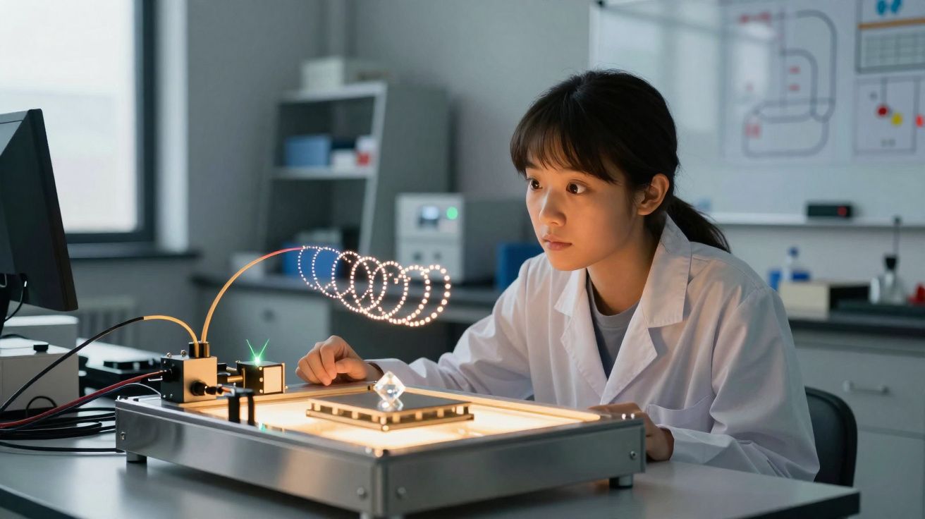 Mulher jovem em laboratório a observar experimento com tecnologia e luzes em mesa de trabalho.