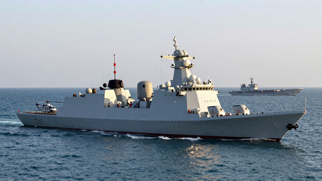 Fragata militar cinzenta a navegar no mar com helicóptero a bordo e outro navio ao fundo.