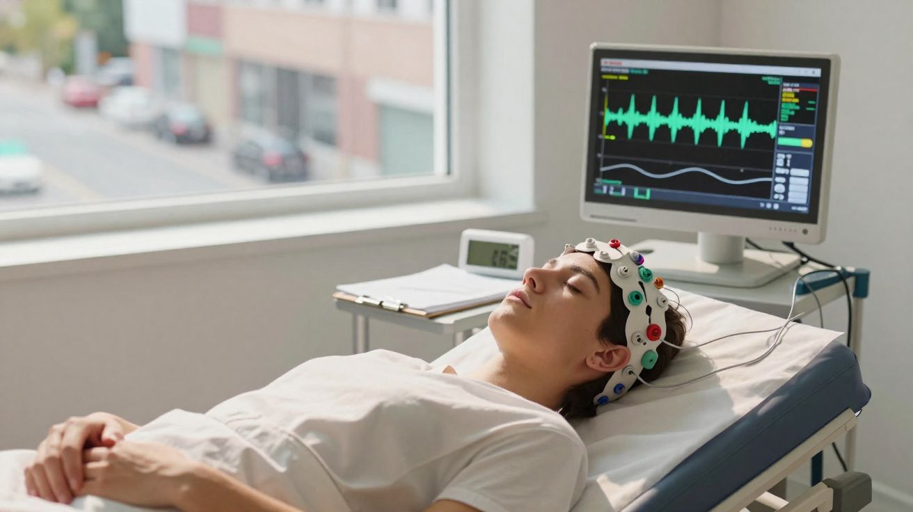 Mulher deitada com eletrodos na cabeça realiza exame neurológico com monitor à frente.
