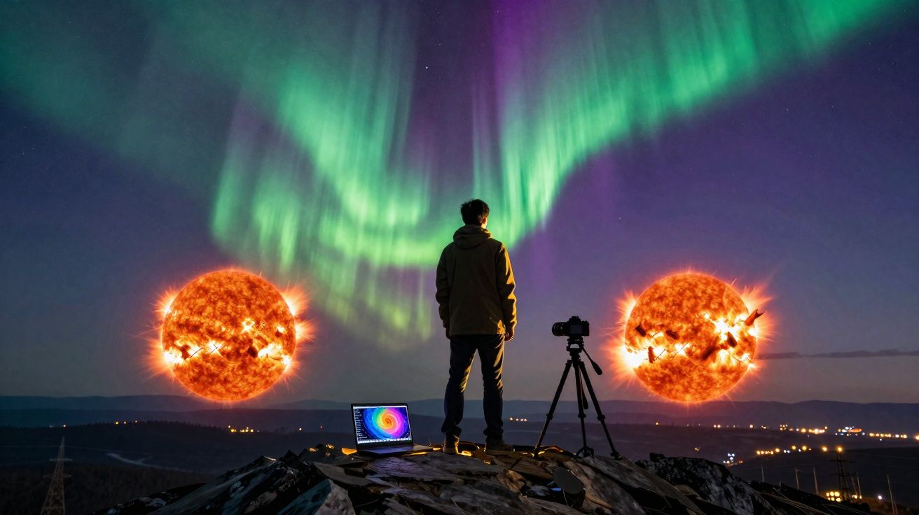 Pessoa a observar aurora boreal com computador e tripé, e duas imagens do sol no céu noturno.